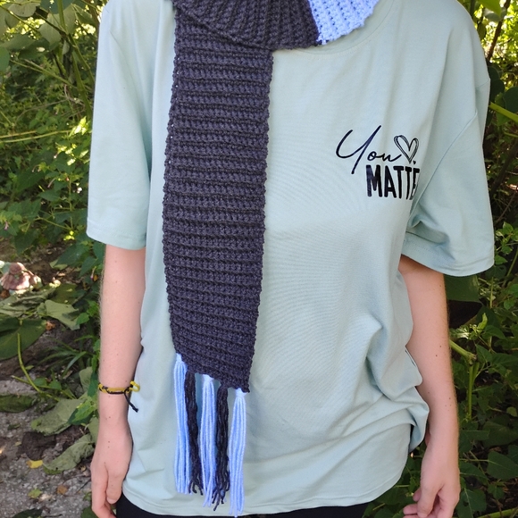 Black and light blue handmade crochet scarf - Picture 1 of 5